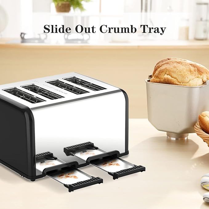 Toaster 4 Slice KitchMix Bagel Stainless Toaster with LCD Timer Extra Wide Slots Dual Screen Removal Crumb Tray (Black)
