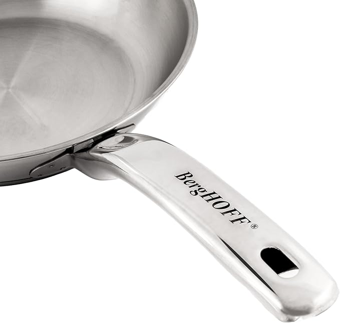 Berghoff Belly Shape18/10 Stainless Steel 3Pc Cookware Set Fry Pan 8 Inches Skillet 2.5qt. Glass Lid Fast Evenly Heat Induction Cooktop Ready Dishwasher Safe