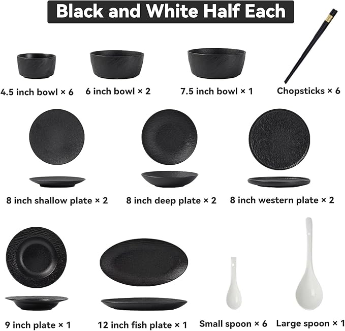 28/30 Pieces Dish Sets for 6 Black and White Serving Plates and Bowls Sets Frosted Texture Dinnerware Set Hard and Durability Scratch Resistant Dishware Set Dishwasher &amp Microwave &amp Oven Safe(