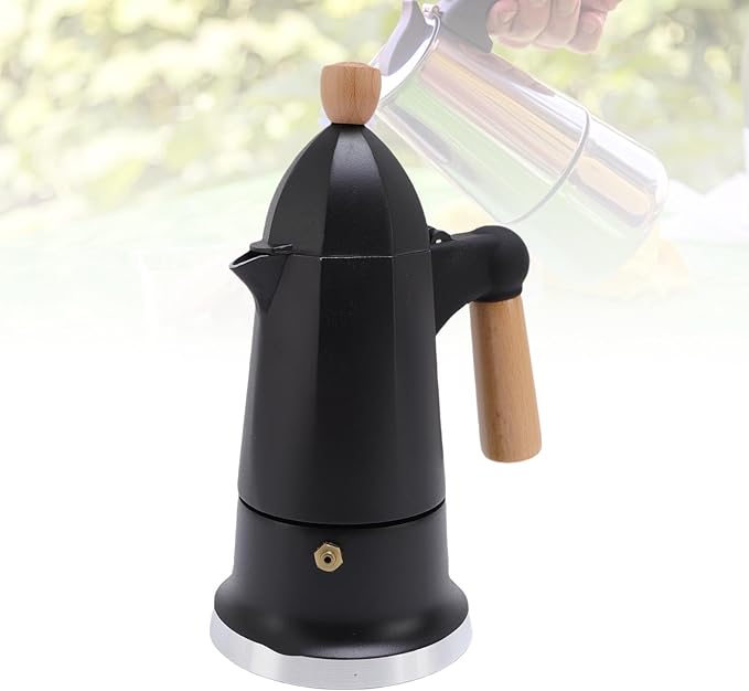 SIXRUN Aluminum Alloy Octagonal Percolator Coffee Pot Maker with Safety Valve and Beech Wood Handle (Black)