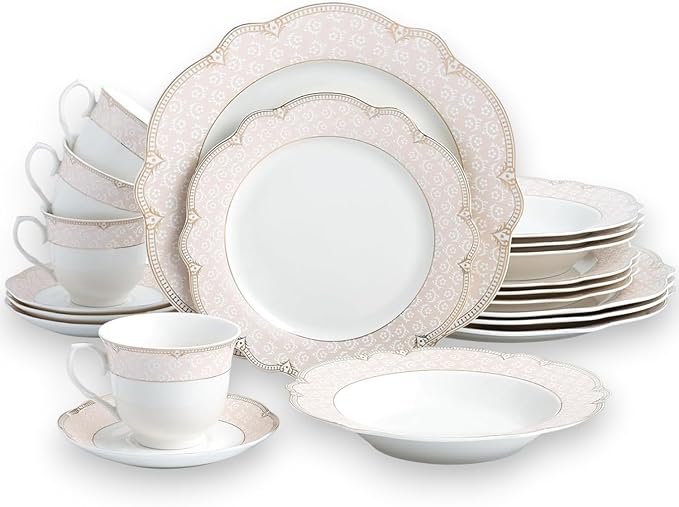 Bone China Dinnerware Set Alexandra 4-person 20-piece Blush Pink and Gold Color