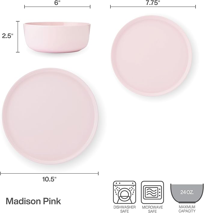 Mikasa Madison Misty Pink Bone China Dinnerware Set 12-Piece Service for 4 Includes Dinner Plates Salad Plates and Cereal Bowls Dishwasher Safe