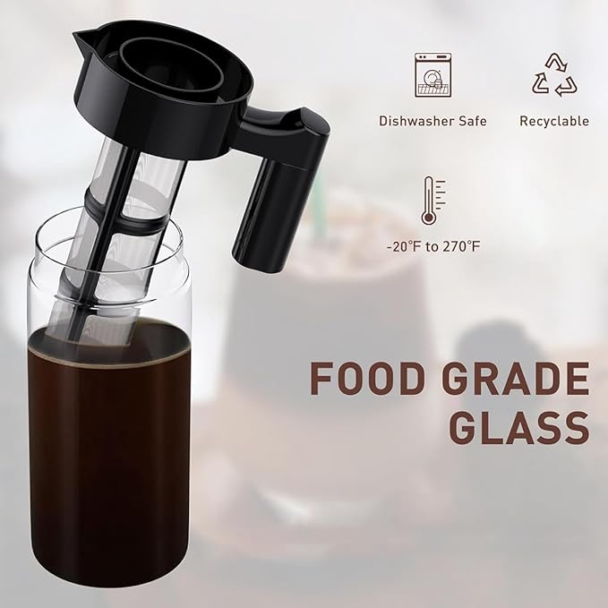 Cold Brew Coffee Maker 40 Oz Iced Coffee Pitcher with Mesh Filter Glass Ice Coffee Making Jug for Fridge Black Easy to Use 1300ML 24.5 X 10cm