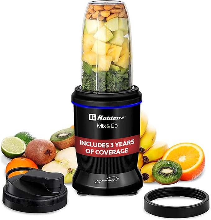 Koblenz Mix&ampGo Personal Blender 1000W Portable Blender for Shakes and Smoothies 6 Stainless Steel Blades Auto-Stop 30 oz BPA-Free To-Go Cup Recipe Book Easy to Clean 6-Piece Kit Black BKM