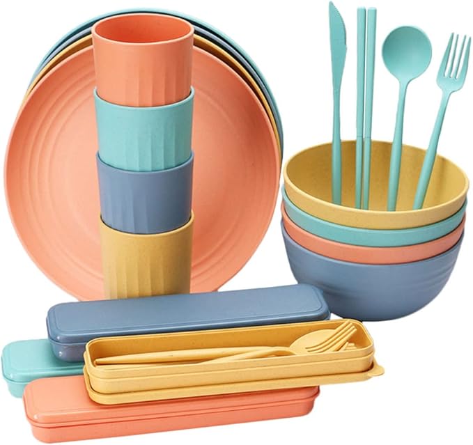 Healifty 4Sets Portable Wheat Straw Cutlery Set Dinnerware for Cereal Soup and Salad Microwavable Kitchen Supplies Creative Tableware for Quick Meals