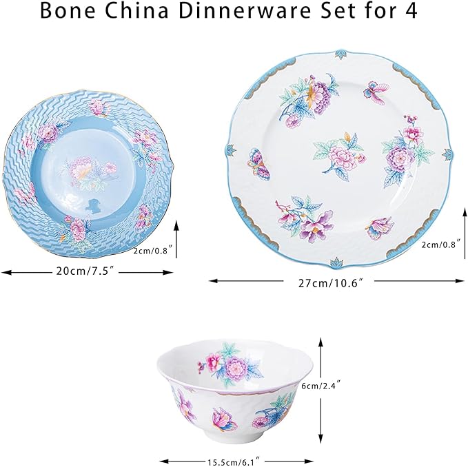 Bone China Dinnerware Set 12-Piece Vintage Floral Butterfly Plates and Bowls Set for 4 Fine Porcelain with Gold Trim Dishwasher Safe Complete Tableware Set
