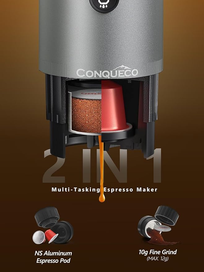 CONQUECO Self-Heating Portable Espresso Machine: Travel Coffee Maker with 13500mAh Battery - 12v Small Electric Fast Heating - Set for Ground Coffee &amp NS Capsule for RV Car Hiking Office Campi