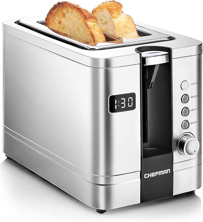 Chefman 2-Slice Digital Toaster Pop-Up Stainless Steel Extra-Wide Slots For Bagels Defrost Reheat Cancel Functions Removable Crumb Tray
