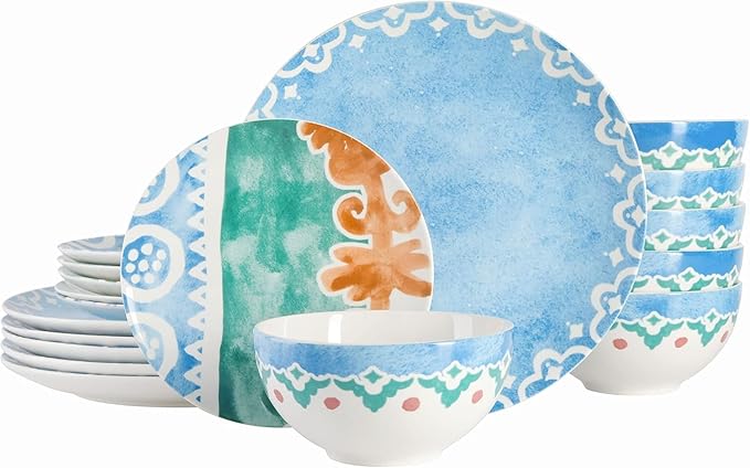 18-Piece Ceramic Dinnerware Set – Round Plates and Bowls with Colorful Patterns Microwave &amp Dishwasher Safe Tableware for 6 (Golen Blue)