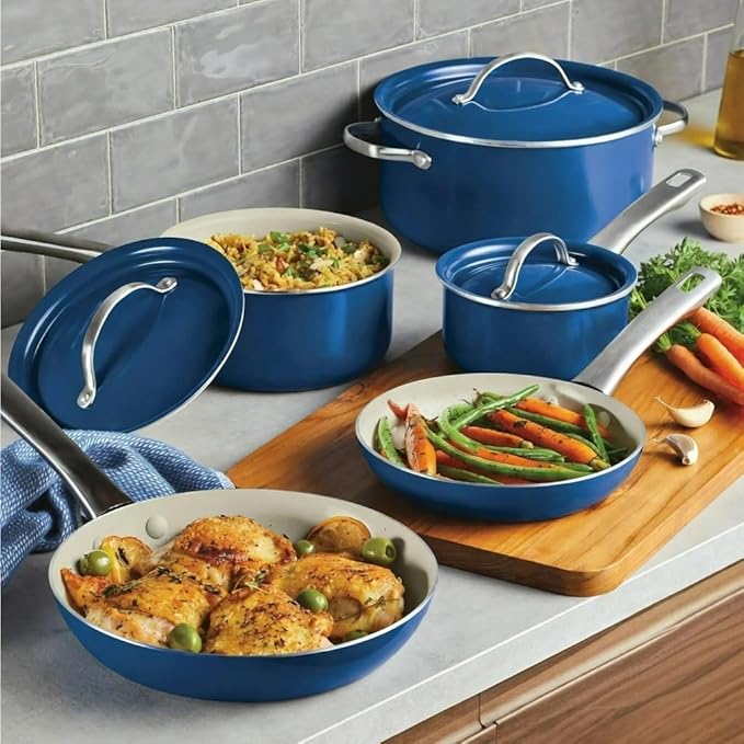 12 Piece Ceramic Nonstick Cookware Set Aluminum Pots and Pans with Stainless Steel Handles Dishwasher Safe Oven Safe up to 500°F Blue