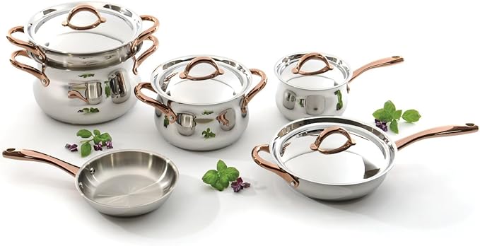 BergHOFF 11 Piece Ouro Cookware Set with Gold Handles Silver/Rose Large