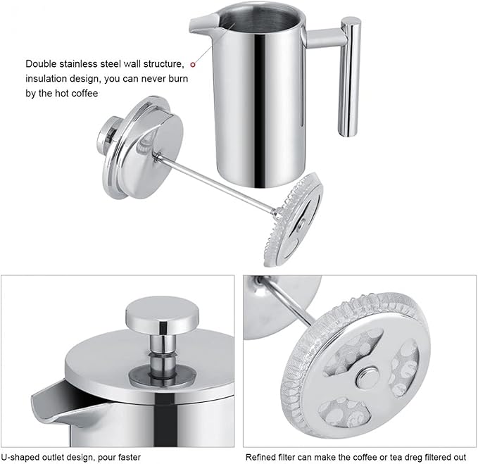 Coffee Maker Coffee Maker 350ML Double-layer Stainless Steel Insulation Teapot With Filter Coffee Maker French Press Stainless Steel Household Hand Brew Coffee Maker Manual Milk Frother coffee pot