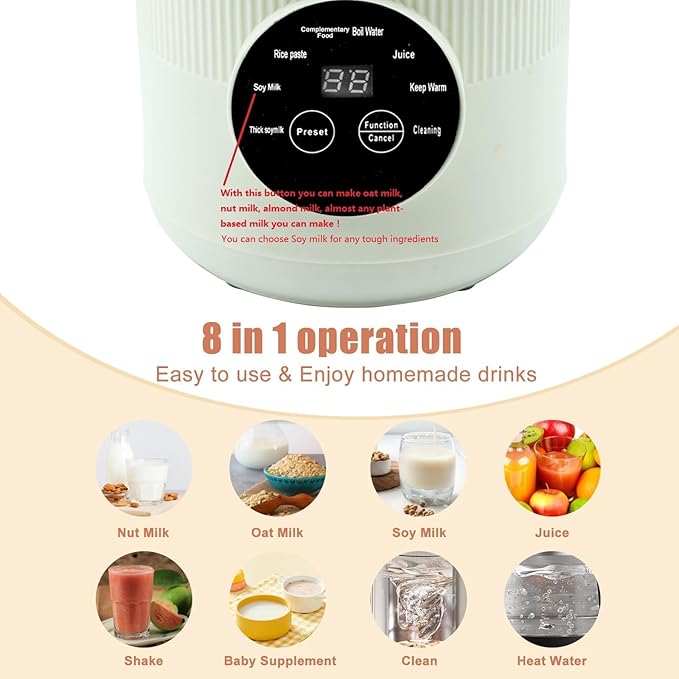 8-in-1 Automatic Soy Nut Milk Maker40oz Soy Milk Maker for Homemade AlmondOatSoy MilkRice PasteComplementary FoodJuiceMilk Maker Machine with Delay Start/Keep Warm/Self Clean/Boil Water