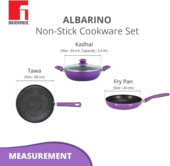 Bergner Albarino Non-Stick 4 Pcs Cookware Set - 24cm (2.5 L) Kadai with Glass Lid 24cm Frypan and 28cm Tawa Bakelite Handle Minimal Oil Use - Induction Bottom Diwali/Anniversary Gifting (Purple)