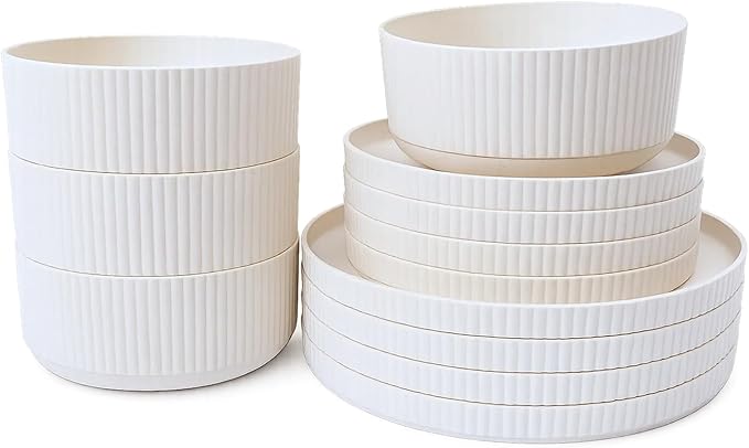 Mesa Wheat PolyPro 12 Piece Dinnerware Set-4 Dinner Plates 4 Salad Plates 4 Bowls Ribbed Pattern Matte White