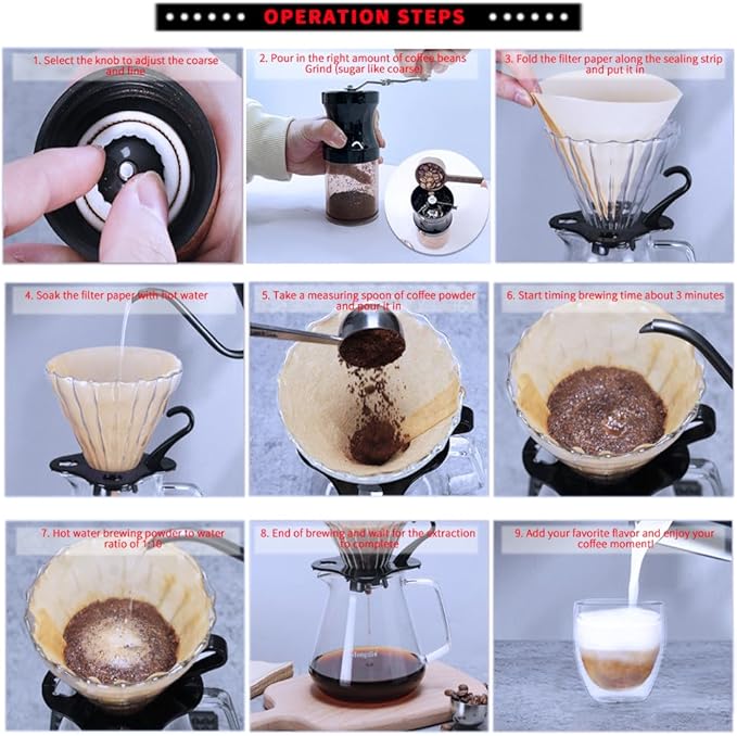 DS&ampDV Coffee Set Incl. Coffee Scale Glass DriperManual GrinterPour Over KettlePaper FiltersDouble Wall Mug for Camping and Travelling (8 in 1 Coffee Makers)