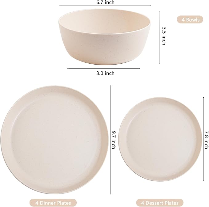 EI 12pcs Wheat Straw Dinnerware Set of 4Reusable Plastic PlatesUnbreakable Dinner PlatesDeep Dinner Hard Premium Plastic PlateMicrowave Dishwasher Safe for CampingPicnincFamily Dinner