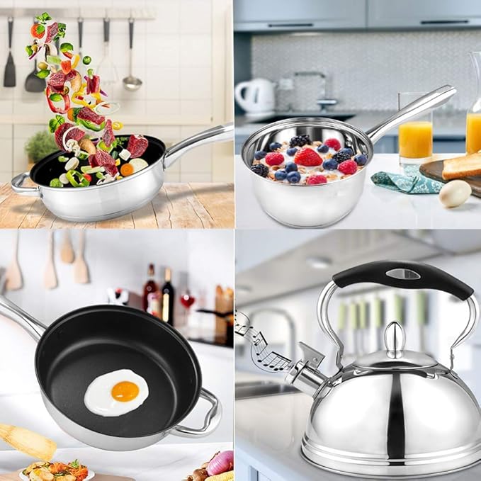 Cookware-Set 5-PieceCooking Pot SetMade of Stainless Steelwith Glass-LidsAll Types of Cookers Induction（Steamer Soup Pot Frying Pan Hot Milk Pot Teapot） Saucepans Sets