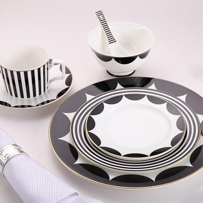 8-Piece Dinnerware Set Service for 2 Black and White Striped Geometric Series Include 2 Dishs 2 Salad Plates 2 Mugs and Saucers