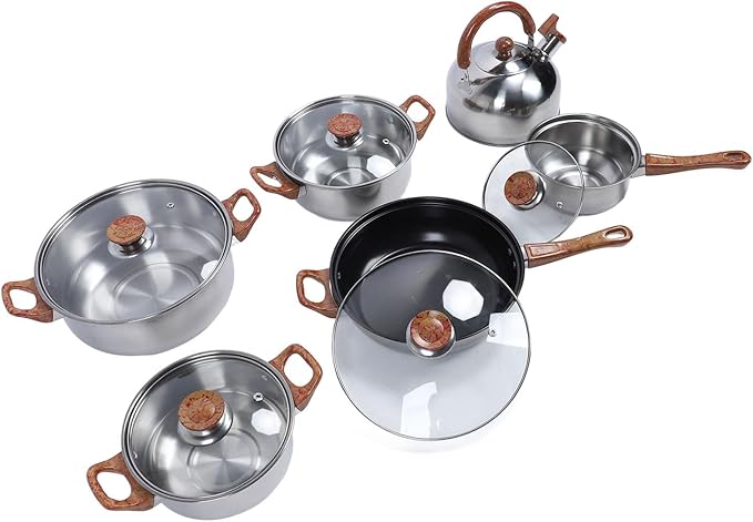 Stainless Steel Kitchen Cookware Set High Temperature Wood Grain Multifunctional Pots Pans Set with Kettle for Home Use