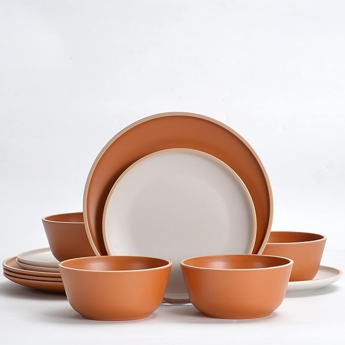 Melamine Dinnerware Sets 12pcs Plates and Bowls for 4 Unbreakable Dinnerware Sets Ideal Dinnerware for Party Unbreakable BAP free Dishwasher Safe Red Color (Terracotta Color)