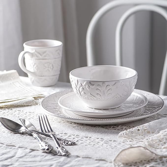 Ceramic Dinnerware Set 14 PCS Plates Set Dishes Set White Underglaze Dinner Sets - Retro Embossed Dinner Plate Soup Plate with Floral Pattern for Family Part
