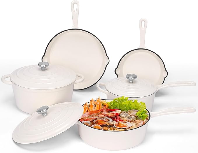 QuliMetal Nonstick Enameled Cast Iron Cookware Set 5 Pcs Pots and Pans with Lid Skillet Frying Pan Saucepan &amp Dutch Oven for All Stovetops PFA Free - Ideal for Sourdough Bread Baking