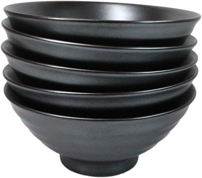 Ebros Gift Iron Black Clay Underglaze Technique Tetsu Kesho Porcelain Dinnerware Kitchen Set Asian Japanese Restaurant Supply (Pack Of 5 Large Salad Pho Ramen Soup Bowl 40oz)