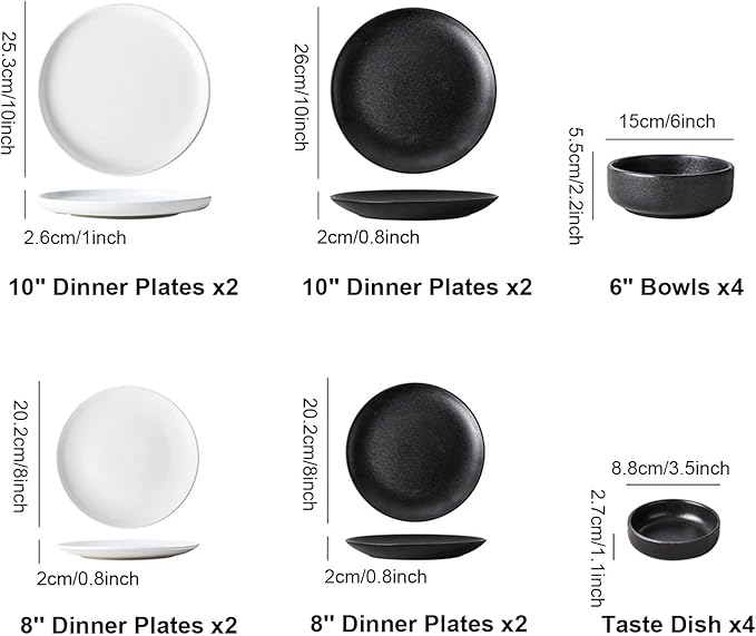 16-Piece Dinner Sets Black White Porcelain Dinnerware Set Service for 4 Frosted Dinnerware Kitchen Ceramic Dinsh Set - 4 X Dinner Plates/Salad Plate/Bowls/Taste Dish Daily Us