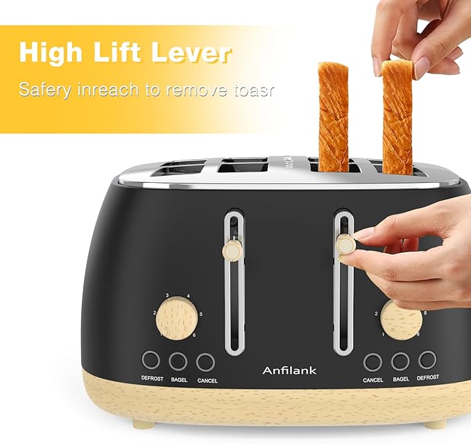 Toaster 4 SliceRetro Stainless Steel Toaster with Extra Wide Slots Dual Independent Control Panel Cancel Bagel Defrost Function Removable Crumb Tray Matt Black