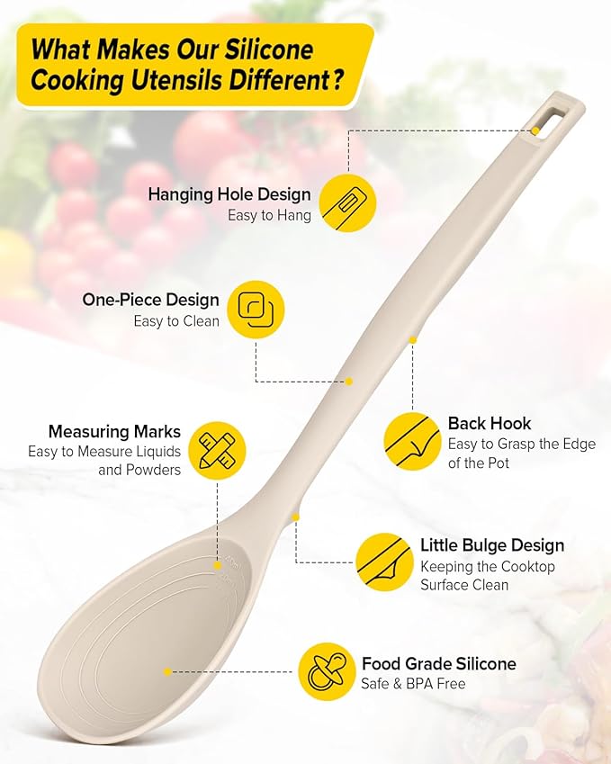 Silicone Cooking Utensils Set 9 Pcs Heat Resistant Kitchen Utensils with Back Hooks BPA Free Kitchen Tools with Spatulas Spoons Skimmer and Pasta Fork for Non Stick Cookware(KHAKI)