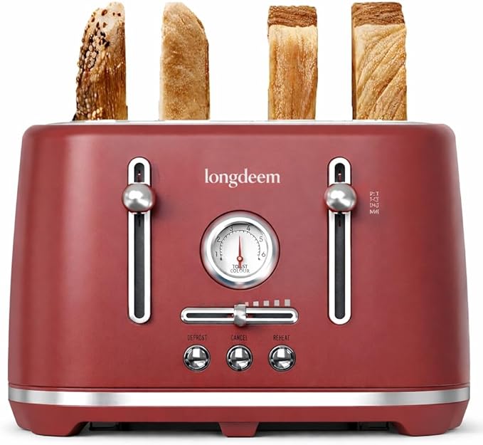 LONGDEEM 4 Slice Retro Stainless Steel Toaster – Extra Wide 1.6” Slots 6 Browning Levels Bagel &amp Defrost Functions Removable Crumb Trays Cool Touch Countertop Toaster for Small Spaces Red