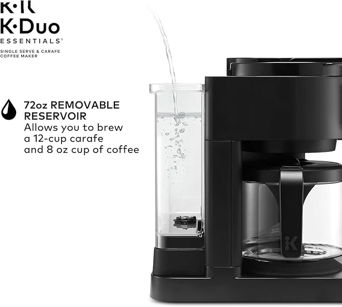 K-Duo Essentials Hot &amp Iced Single-Serve Coffee Maker with 12-Cup Glass Carafe Brews KCup Pods &amp Coffee Grounds Multiple Brew Sizes 72 oz Reservoir Pause &amp Pour Feature (Blacks)