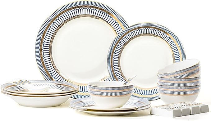 Plates and Bowls Sets for 4 1st-Class Bone-China Dinnerware Sets 19 Pieces Porcelain Dinner Dish Sets Handcrafted Golden Trim Tableware Set Home Décor Dinnerware 45% Bone Meal (Gold)