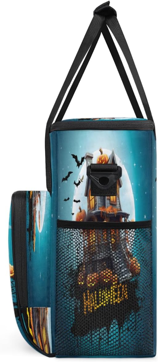 Halloween Moon Castle Pumpkin Bats Coffee Maker Carring Bag Travel Carrying Storage Tote Bag Compatible with Keurig K-Mini or K-Mini Plus Portable Single Serve Coffee Brewer Case with Pockets