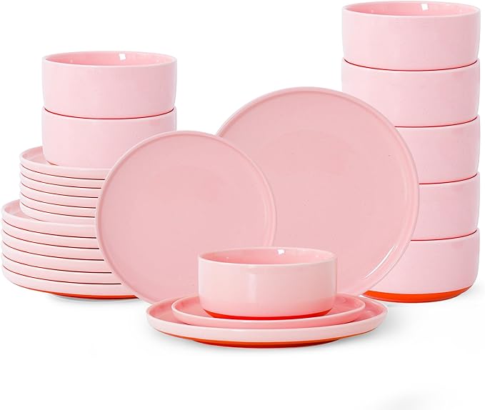 24 Piece Dinnerware Set Dual Glaze Stoneware Plates and Bowls Sets Modern Dinner Plate Salad Plate Cereal Bowl Dish Set for 8 Microwave and Dishwasher Safe Pink
