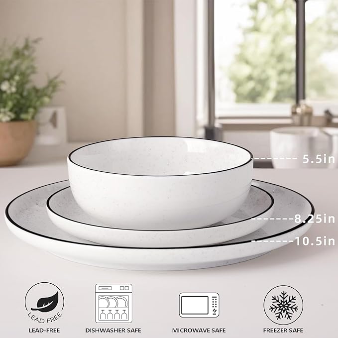 Plates and Bowls Sets for 412 Pieces Ceramic Dish set White Dinnerware Set for Kitchen Modern Design Plate Sets with Black Rim Microwave and Dishwasher Safe