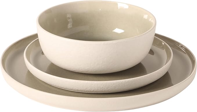 Gibson Elite Tahoe Sunset 12-Piece Reactive Stoneware Dinnerware Set – Matte Exterior &amp Shiny Interior Plates and Bowls Durable Everyday Dish Set Microwave &amp Dishwasher Safe - Grey