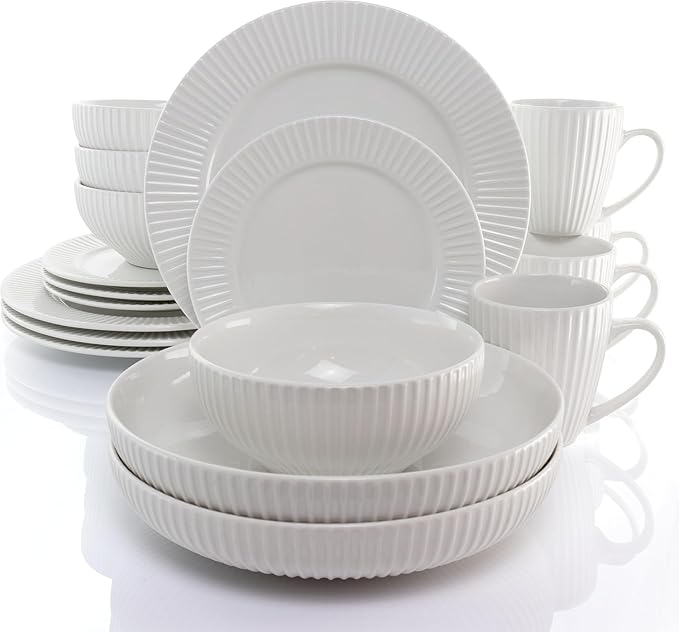 18-Piece White Porcelain Dinnerware Set with Serving Bowls – Elegant Textured Dish Set for 4 Microwave &amp Dishwasher Safe