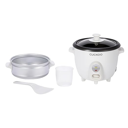 CUCKOO One Touch Rice Cooker 3-Cup (Uncooked) / 6-Cup (Cooked) Mini Rice Cooker &amp Warmer with Steamer Tray Versatile Grain Cooker Soup Maker Auto Keep Warm White (CR-0301C)