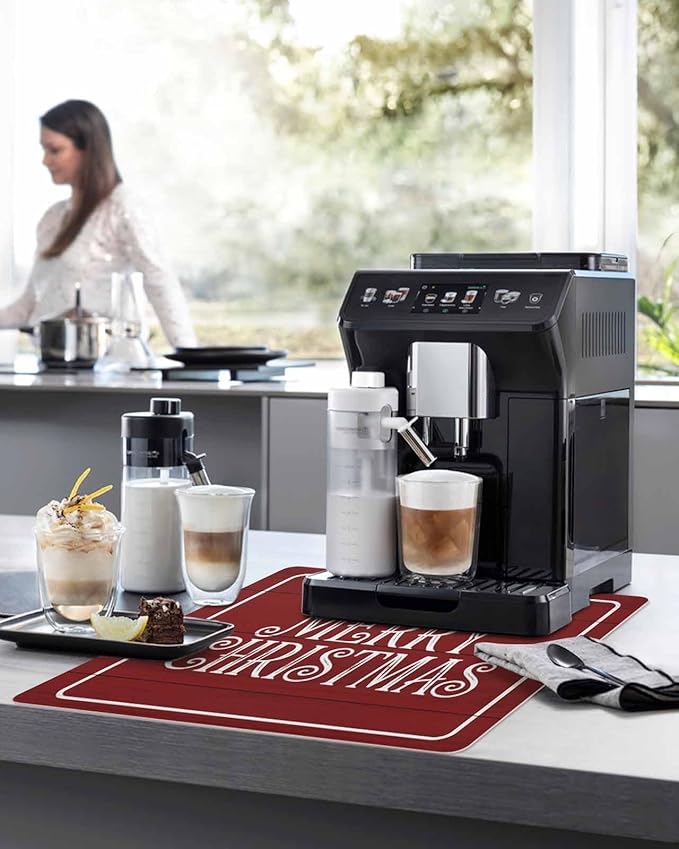 Coffee Mat for Counter Merry Christmas Rustic Red Wood Grain Absorbent Hide Stain Coffee Bar Mat Non-slip Coffee Bar Accessories Kitchen Drying Mat Fit Under Coffee Maker Espresso Machine