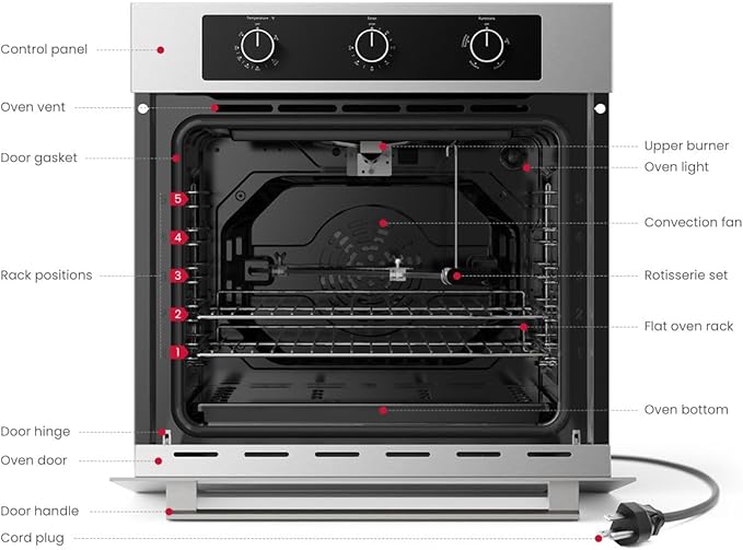 GASLAND 24 Gas Wall Oven ETL Certified Natural Gas Wall Oven Built-in Single Wall Oven with Bake Broil Rotisserie Functions Timer and Convection Fan 120V Cord Plug Stainless Steel