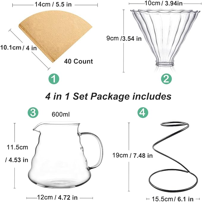 Pour Over Coffee Maker Set – Includes Glass Coffee Dripper Metal Dripper Stand Heat Resistance 600ml Coffee Server and 40 Count Paper Coffee Filters 4 in 1 Set for Home or Office (Black Set)
