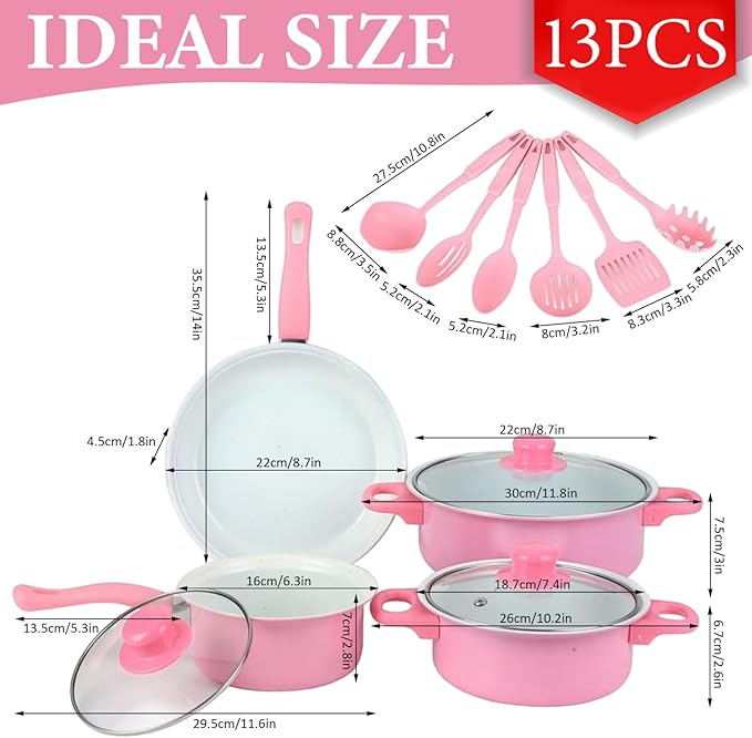 Cast Iron Pots and Pans Set 13Pcs Non Stick Cute Cookware Set Includes Lids Induction Cookware with Comfort Handle PFOA Free