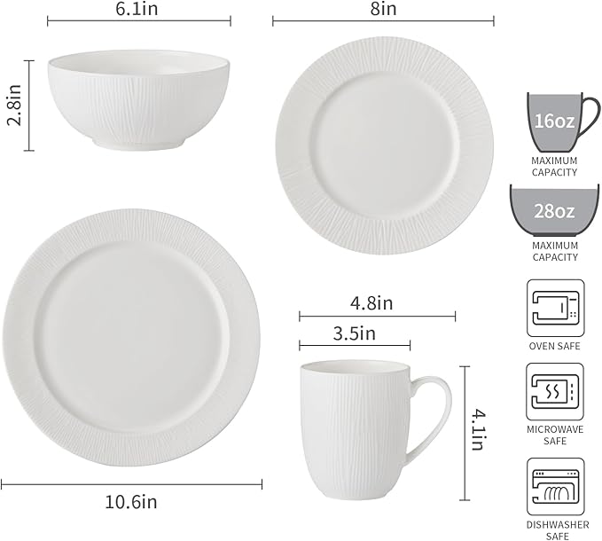 16Piece Bone China Dinnerware Set with Radial Stripe Texture Embossed Plates Bowls mugs Chip-Resistant Lightweight Elegant and Durable Service for 4 White