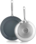 GreenPan Treviso 9.5” and 11” Frying Pan skillet Set Non-Toxic PFAS-Free Stainless Steel Ceramic Nonstick Coating Induction Suitable Multi Clad Pouring Rims Dishwasher &amp Oven Safe to 600°