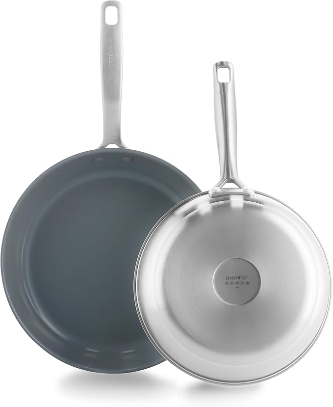 GreenPan Treviso 9.5” and 11” Frying Pan skillet Set Non-Toxic PFAS-Free Stainless Steel Ceramic Nonstick Coating Induction Suitable Multi Clad Pouring Rims Dishwasher &amp Oven Safe to 600°