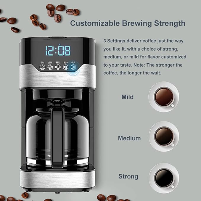 Filter Coffee Machine Home Stainless Steel Coffee Tea Pot 1.5 L Capacity 24-Hour Programmable Brewing Coffee Maker with 3 Brew Strength ControlTouch Screen