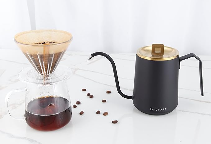Easyworkz Gooseneck Pour Over Coffee Kettle 20 oz Stainless Steel Hand Drip Coffee Pot With Long Narrow Spout Brass Gold Black