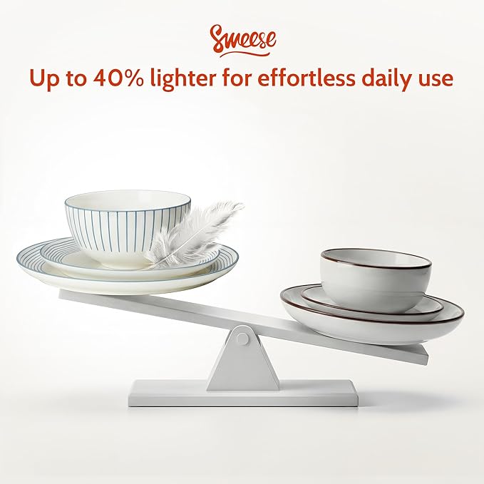 Sweese Lightweight Dinnerware Sets Plates and Bowls Set for 6 18 Pieces Stripe Dishes - Chip and Scratch Resistant Microwave and Dishwasher Safe Porcelain Dinner Sets Blue